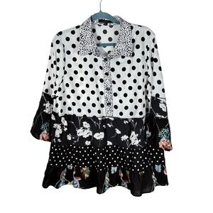 Caleoa‎ Black White Polka Dot Floral Embroidered Tunic Top Blouse PL